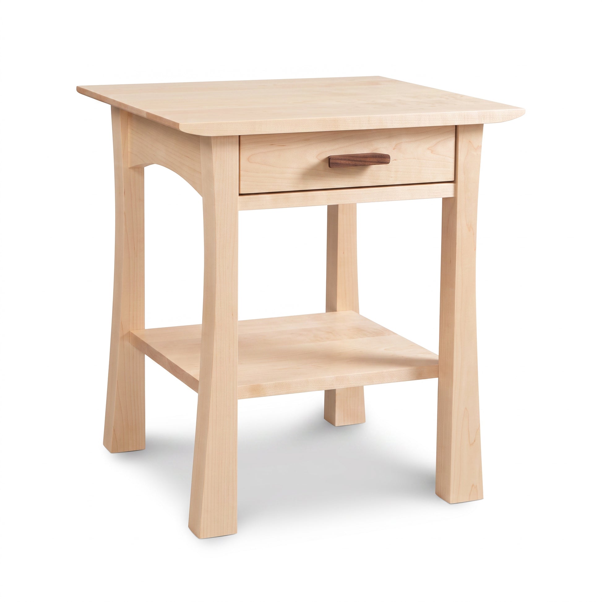 Contemporary Craftsman nightstand by Vermont Furniture Designs in light solid wood, single drawer, open shelf, curved legs, handcrafted in Vermont.
