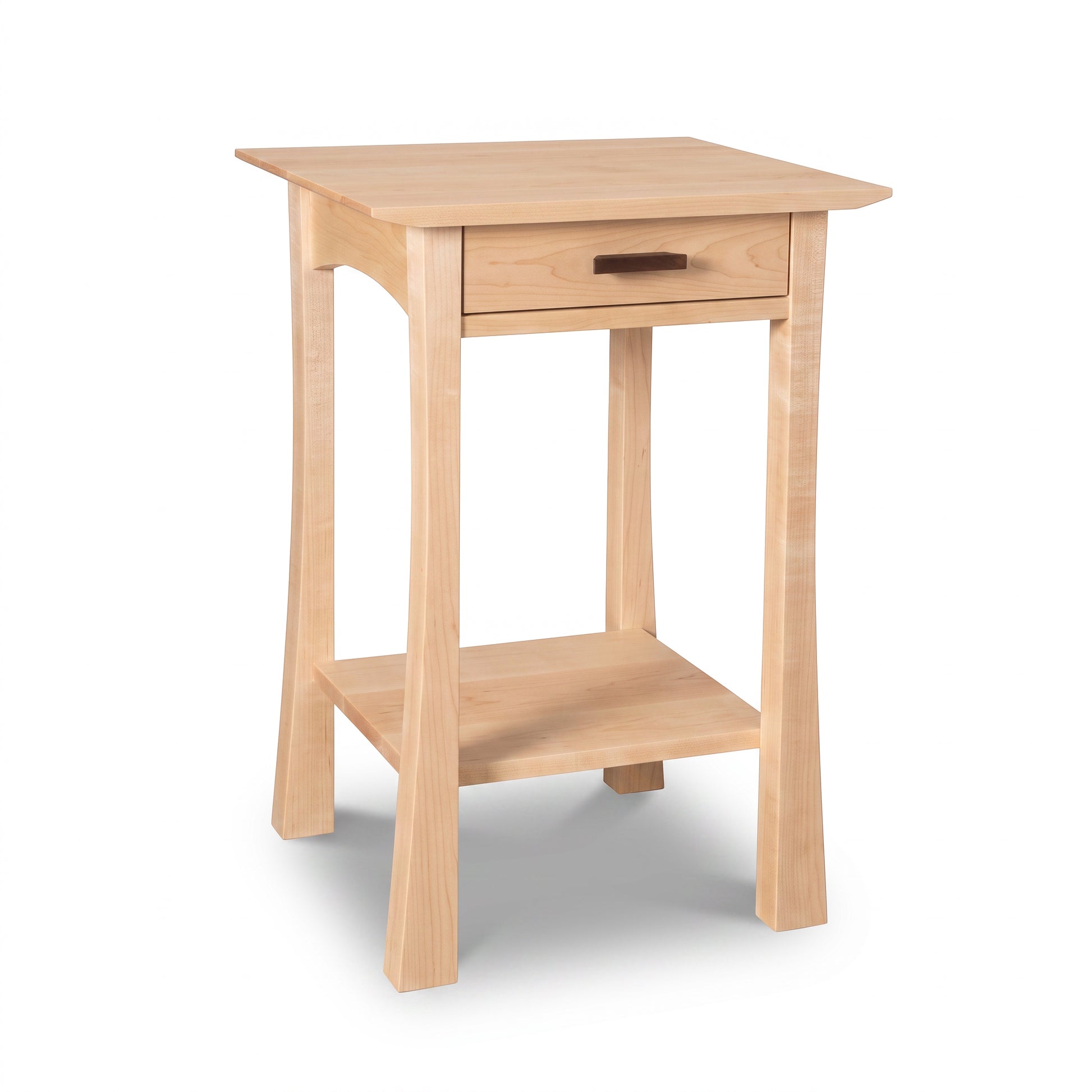 Contemporary Craftsman nightstand by Vermont Furniture Designs in light wood with a single drawer, open lower shelf, and curved legs.