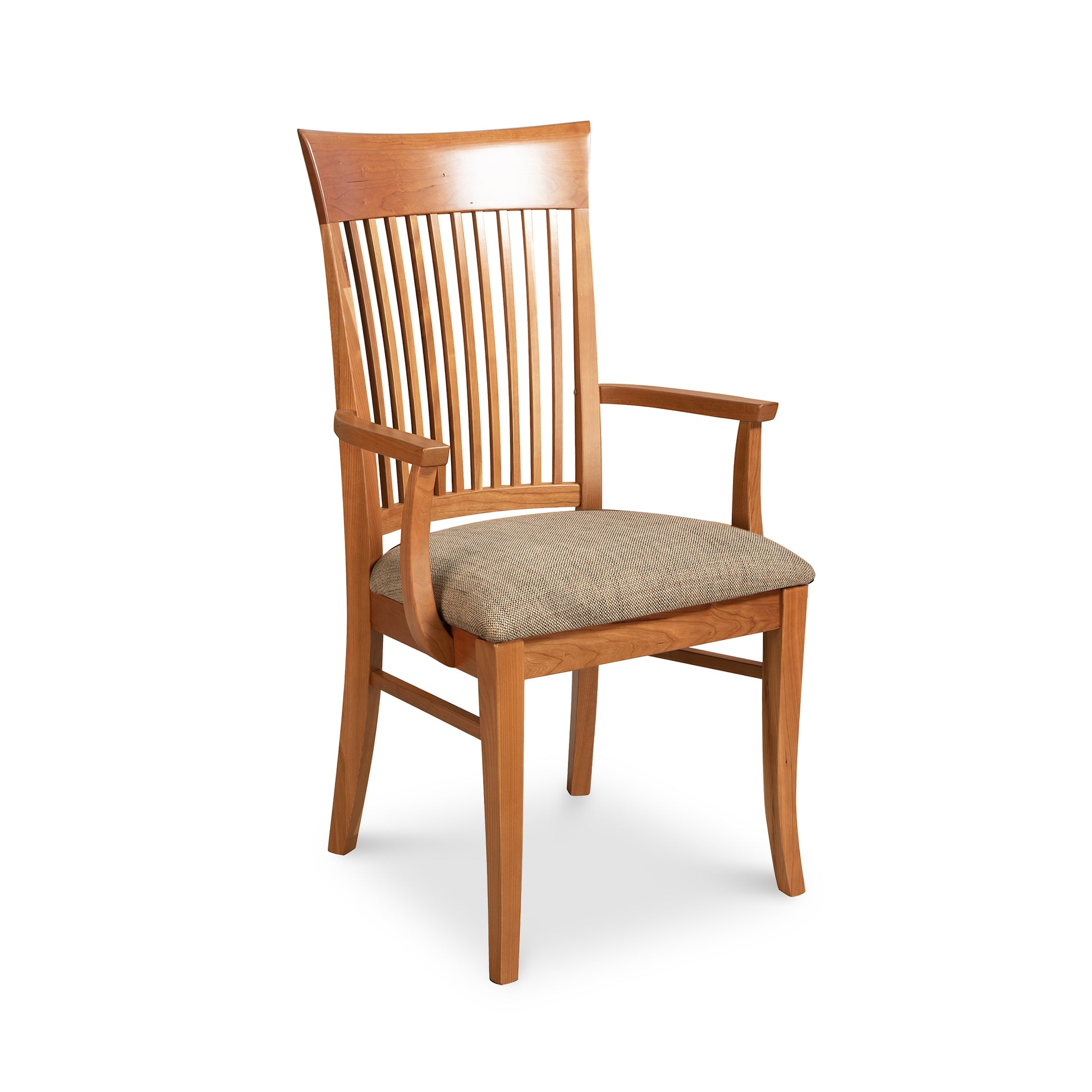 Contemporary Shaker Chair, sustainably handcrafted by Vermont Woods Studios, featuring a high slatted back, cushioned seat, and armrests.
