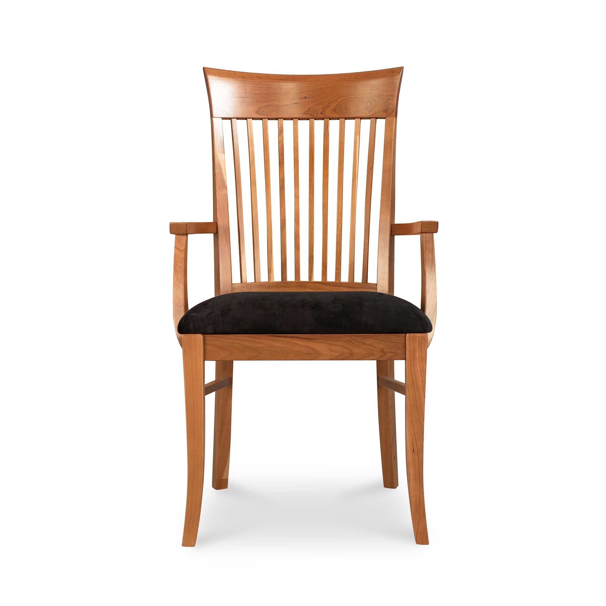 Contemporary Shaker Chair by Vermont Woods Studios with a high back, cushioned black seat, and armrests for sustainable dining elegance.