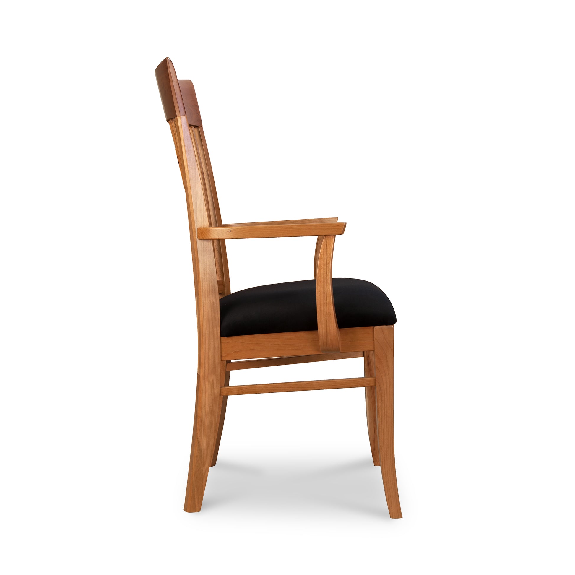Contemporary Shaker Chair, featuring a curved backrest and armrests with a black cushion, shown in profile.
