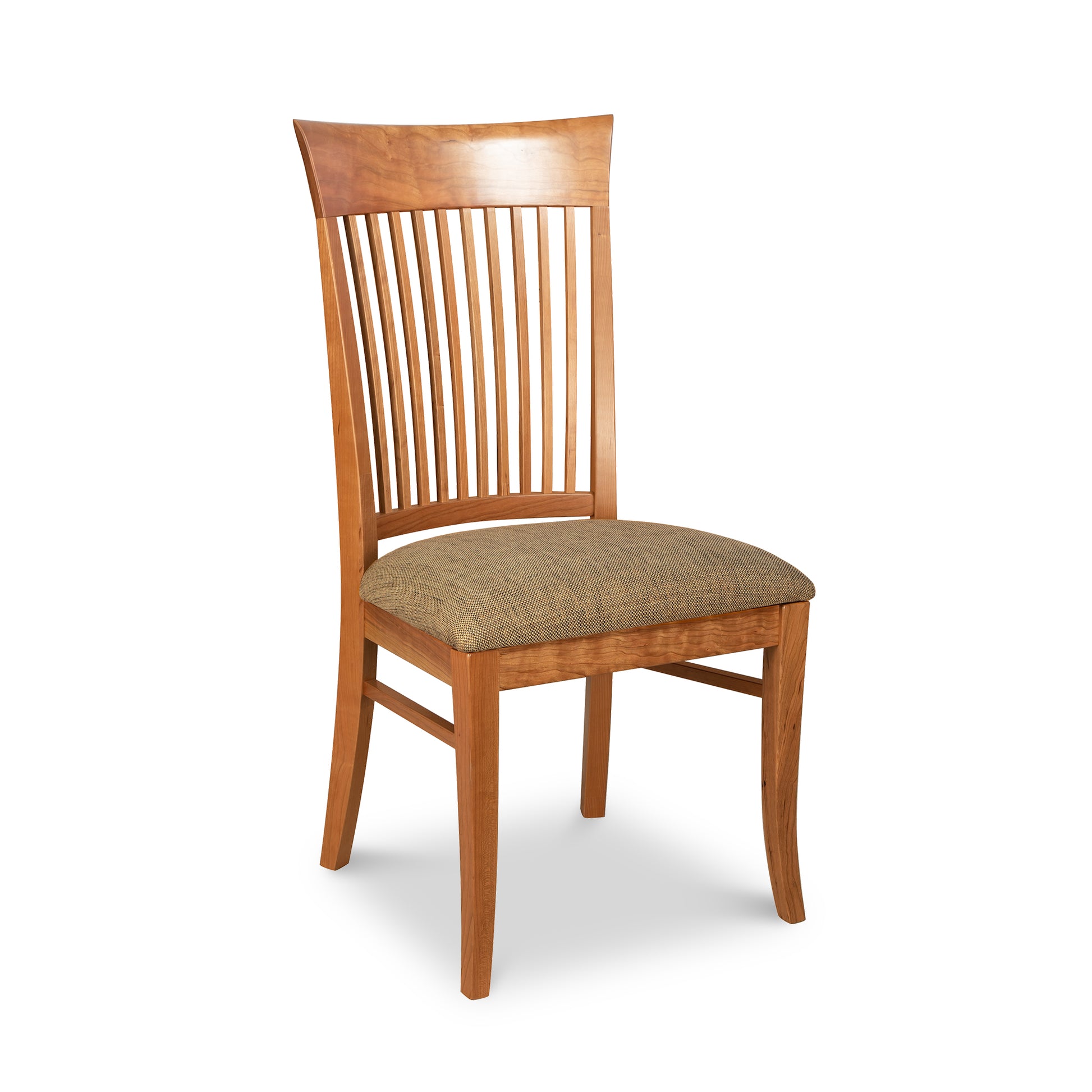 Contemporary Shaker Chair by Vermont Woods Studios, featuring sustainably handcrafted wood, slatted back design, and a cushioned brown fabric seat.
