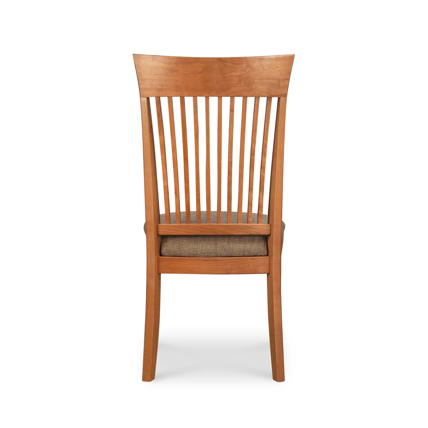 Contemporary Shaker Side Chair by Vermont Woods Studios with vertical slats and barley-colored fabric seat upholstery, floor model.