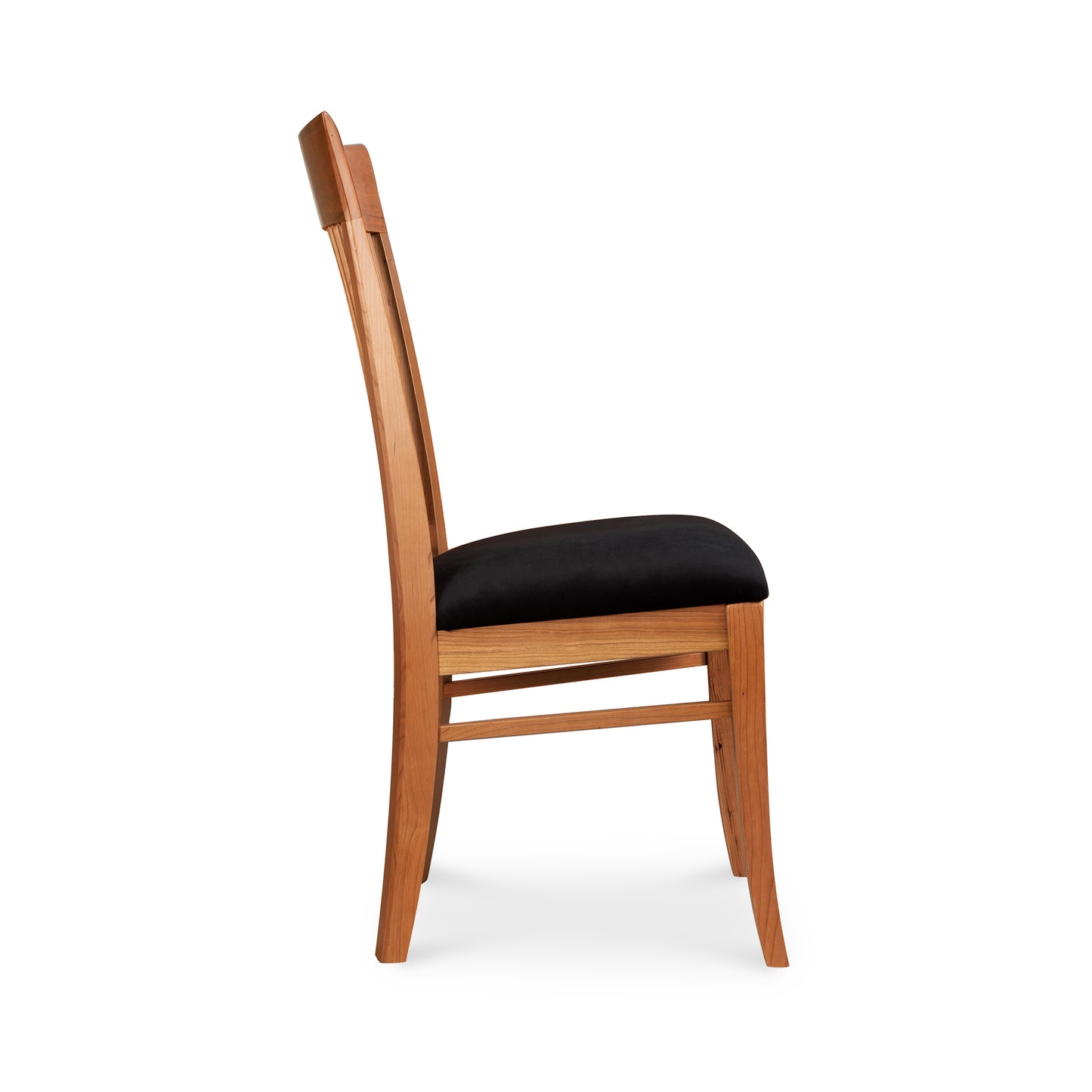 Contemporary Shaker Chair by Vermont Woods Studios, featuring a black cushion and elegant curved backrest, handcrafted sustainably.