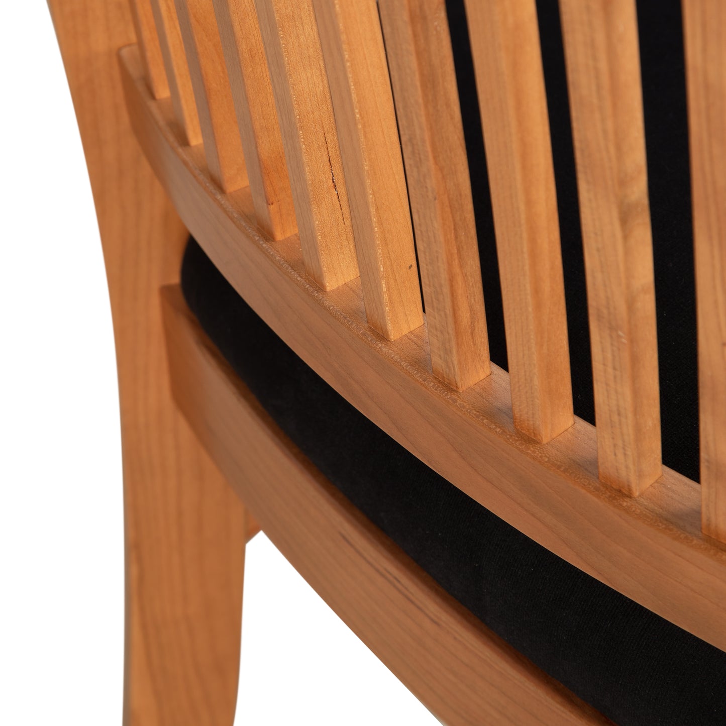 Contemporary Shaker Chair from Vermont Woods Studios featuring vertical slats, black cushion, and light brown sustainably handcrafted finish.
