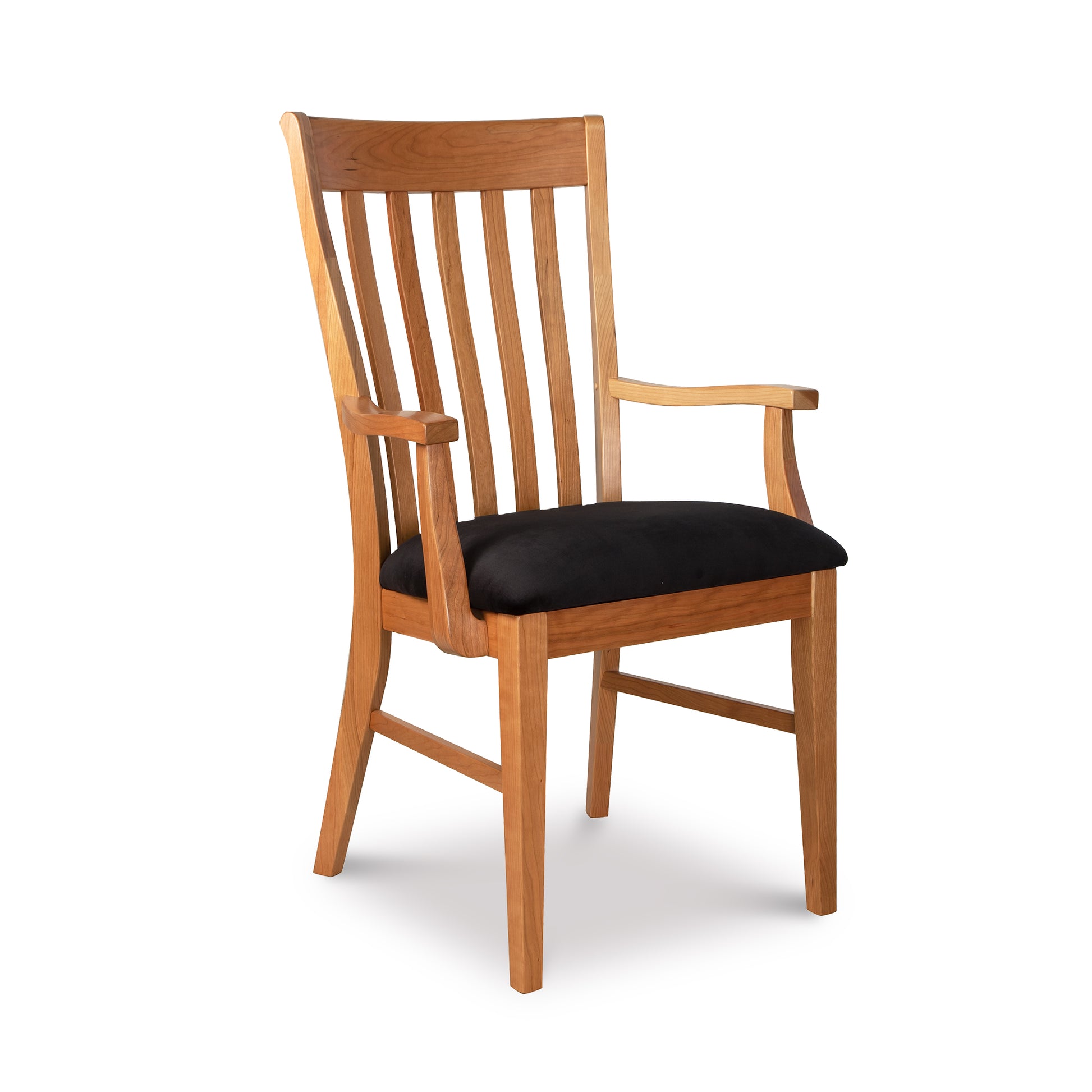Country Shaker Chair by Vermont Woods Studios featuring sustainable wood, natural finish, vertical slats, ergonomic back, black cushioned seat, and armrests.