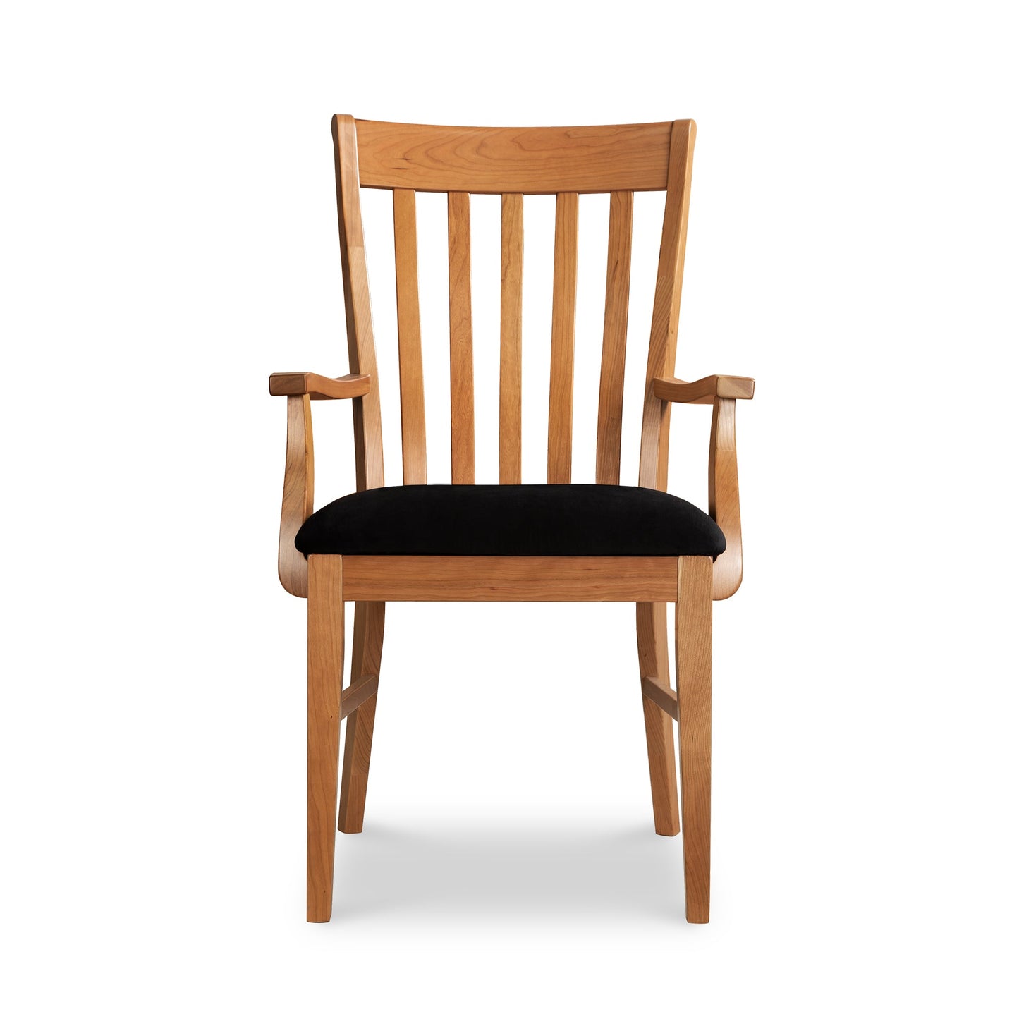 Country Shaker Arm Chair by Vermont Woods Studios featuring black upholstery, showcasing its classic shaker design and quality craftsmanship.