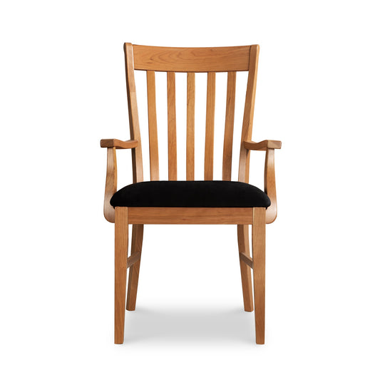Country Shaker Arm Chair by Vermont Woods Studios featuring black upholstery, showcasing its classic shaker design and quality craftsmanship.
