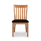 Country Shaker Chair by Vermont Woods Studios with solid wood construction, slatted backrest, and ergonomic black cushioned seat, front view.