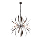 Black spherical Dahlia Chandelier by Hubbardton Forge featuring leaf-like arms and exposed bulbs.