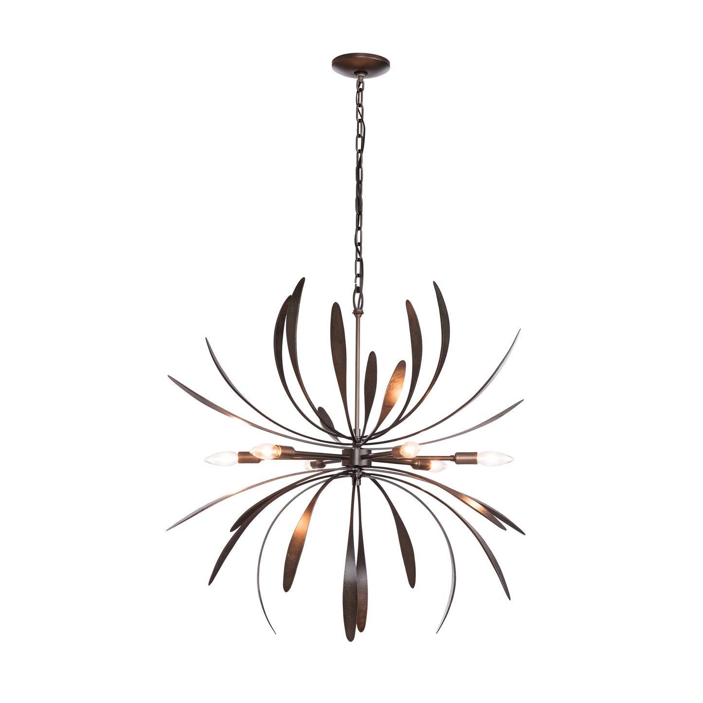 Hubbardton Forge Dahlia Chandelier featuring a central bulb and sleek metal blades, showcasing elegant craftsmanship.