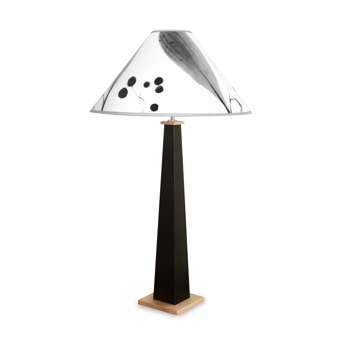 Dance of Life Table Lamp by Rock River Studio featuring a black sculpted base and white shade with elegant black patterns, showcasing artisan craftsmanship.