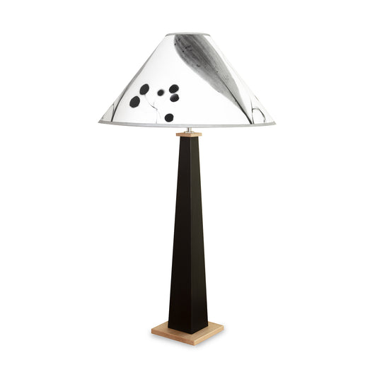 Dance of Life Table Lamp by Rock River Studio featuring a black sculpted base and white shade with elegant black patterns, showcasing artisan craftsmanship.