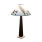 Dance of Life Table Lamp by Rock River Studio with a tall black base, cherry wood platform, and wide white shade.
