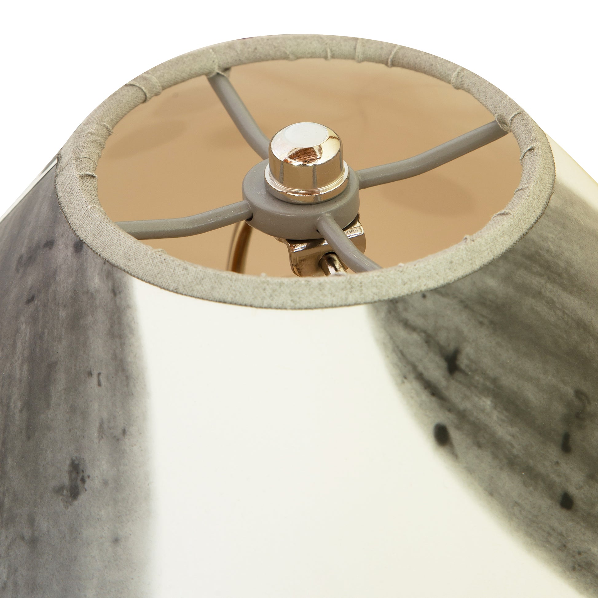 Dance of Life Table Lamp by Rock River Studio featuring intricate metal spokes and connector inside the shade, highlighting fine craftsmanship.