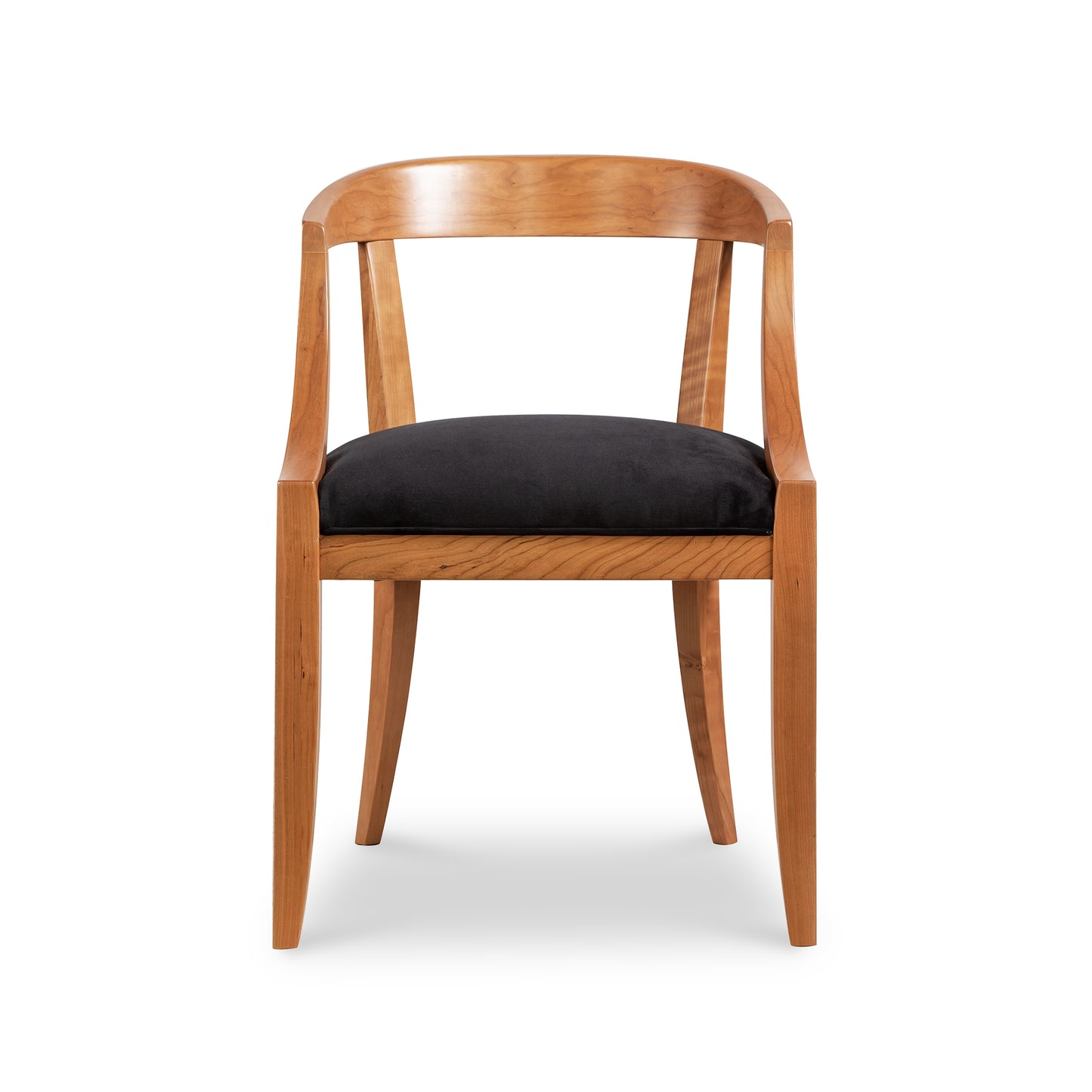 Dorset Chair with sleek design, curved backrest, armrests, and black cushioned seat showcasing modern elegance from Vermont Woods Studios.