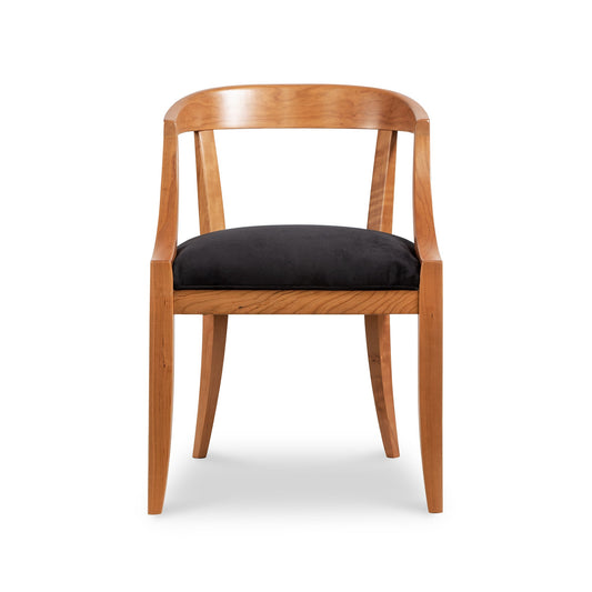 Dorset Chair by Vermont Woods Studios featuring black upholstery, floor model, highlighting its craftsmanship and elegant design.