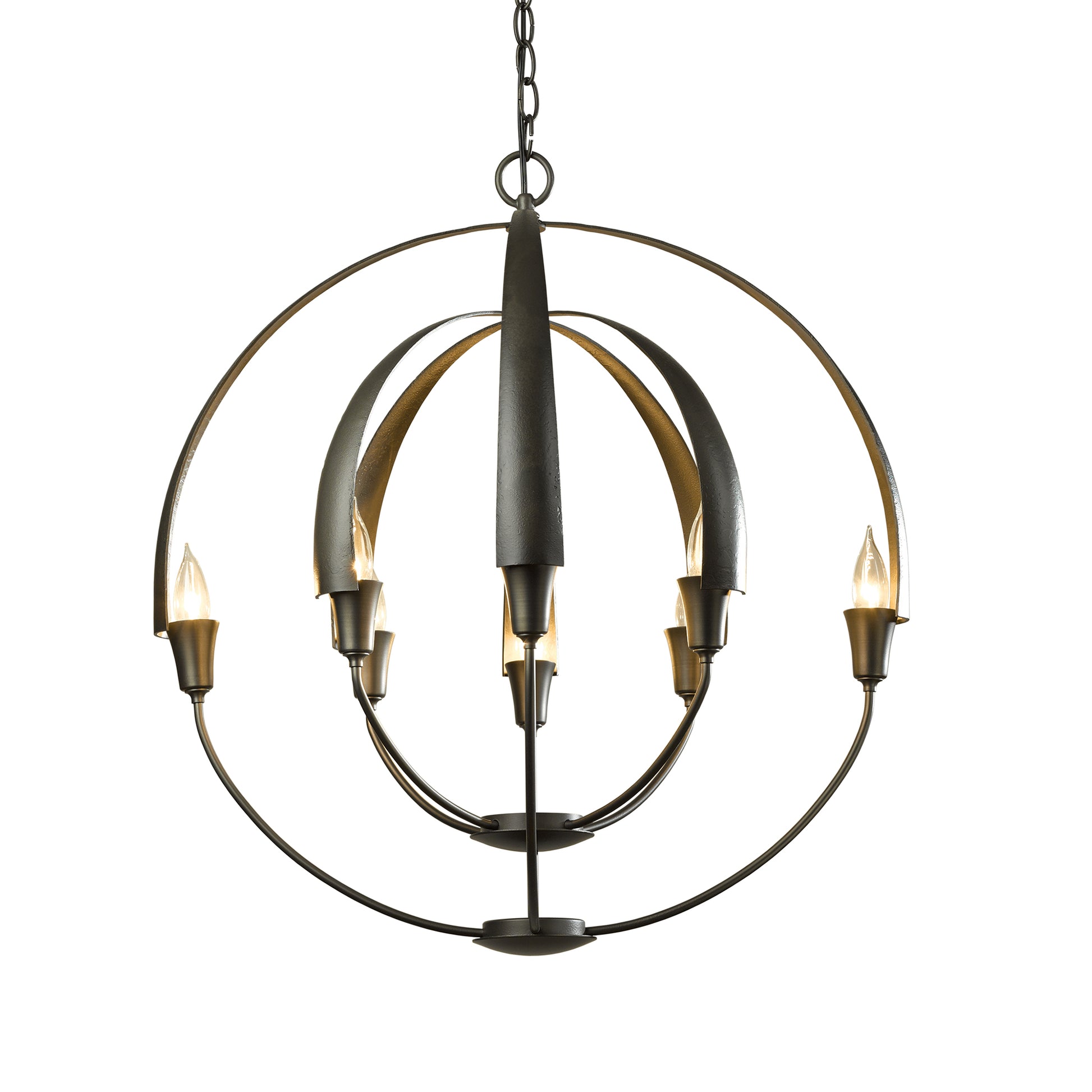 Hubbardton Forge Double Cirque Chandelier, black forged metal sphere with six candle lights. Hand-crafted and eco-friendly.