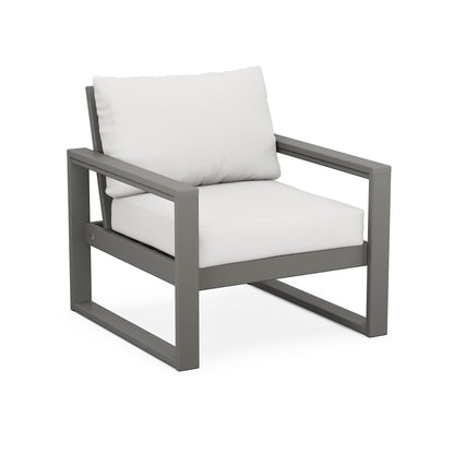 POLYWOOD EDGE Club Chair with gray metal frame, white cushions, square armrests, and geometric base designed for outdoor use.