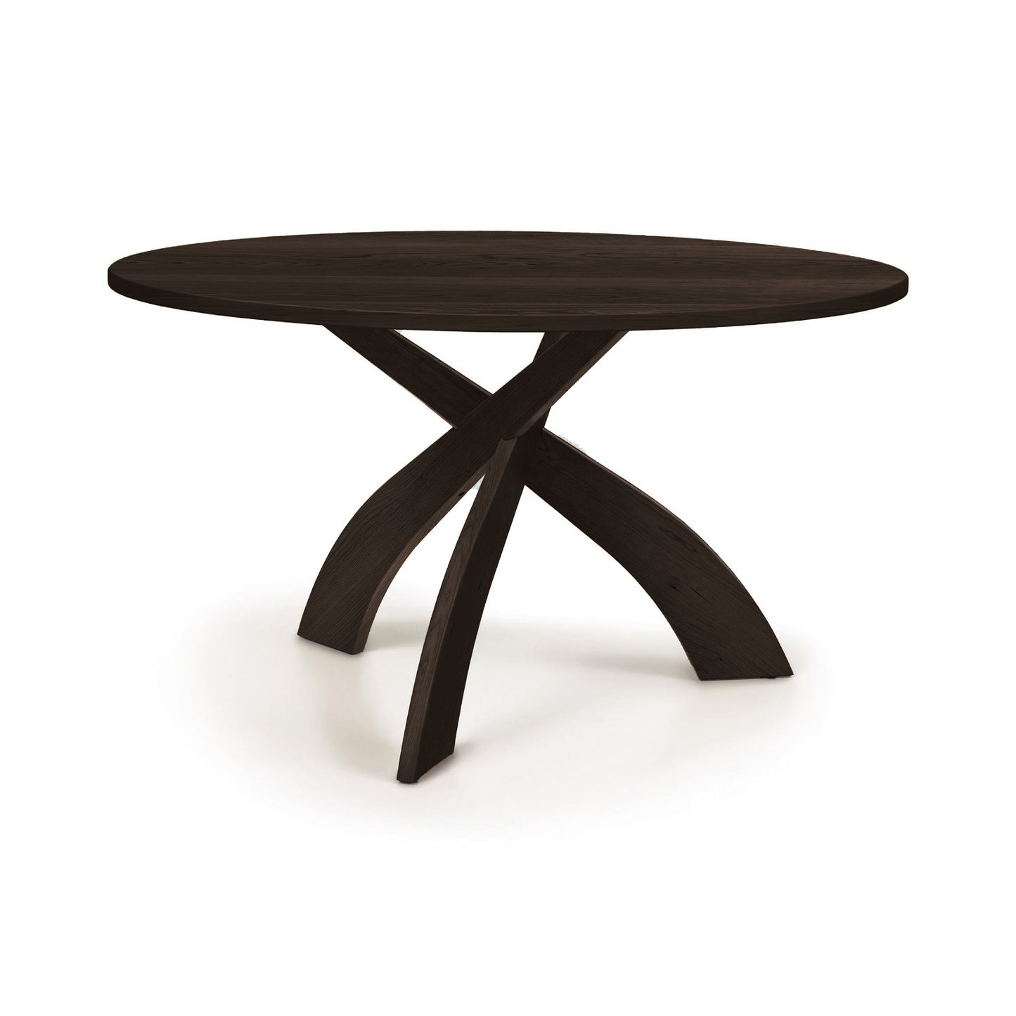 Entwine Round Solid Top Table by Copeland Furniture with three elegant curved legs and solid wood craftsmanship, American made quality.