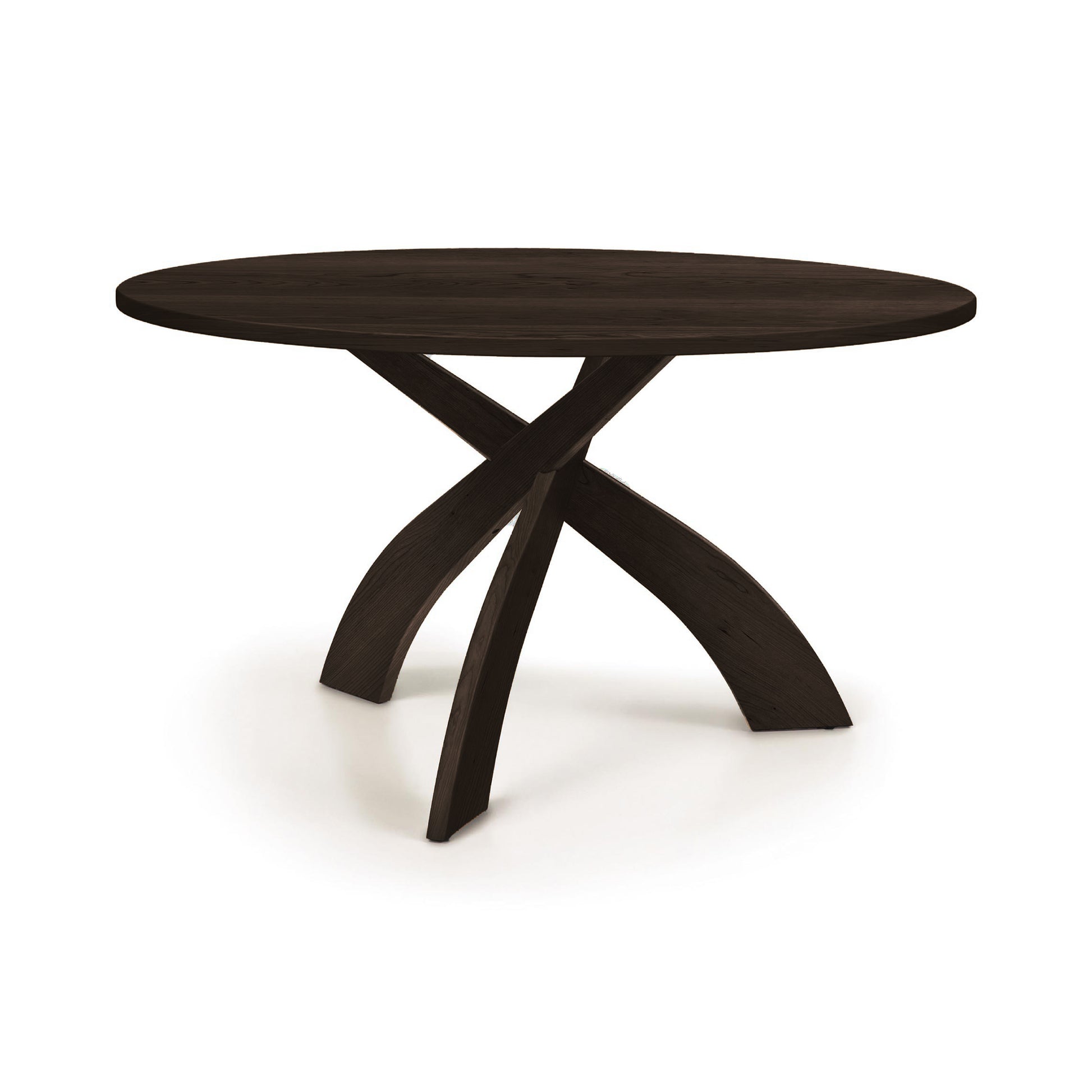 Entwine Round Solid Top Table by Copeland Furniture with three elegant curved legs and solid wood craftsmanship, American made quality.