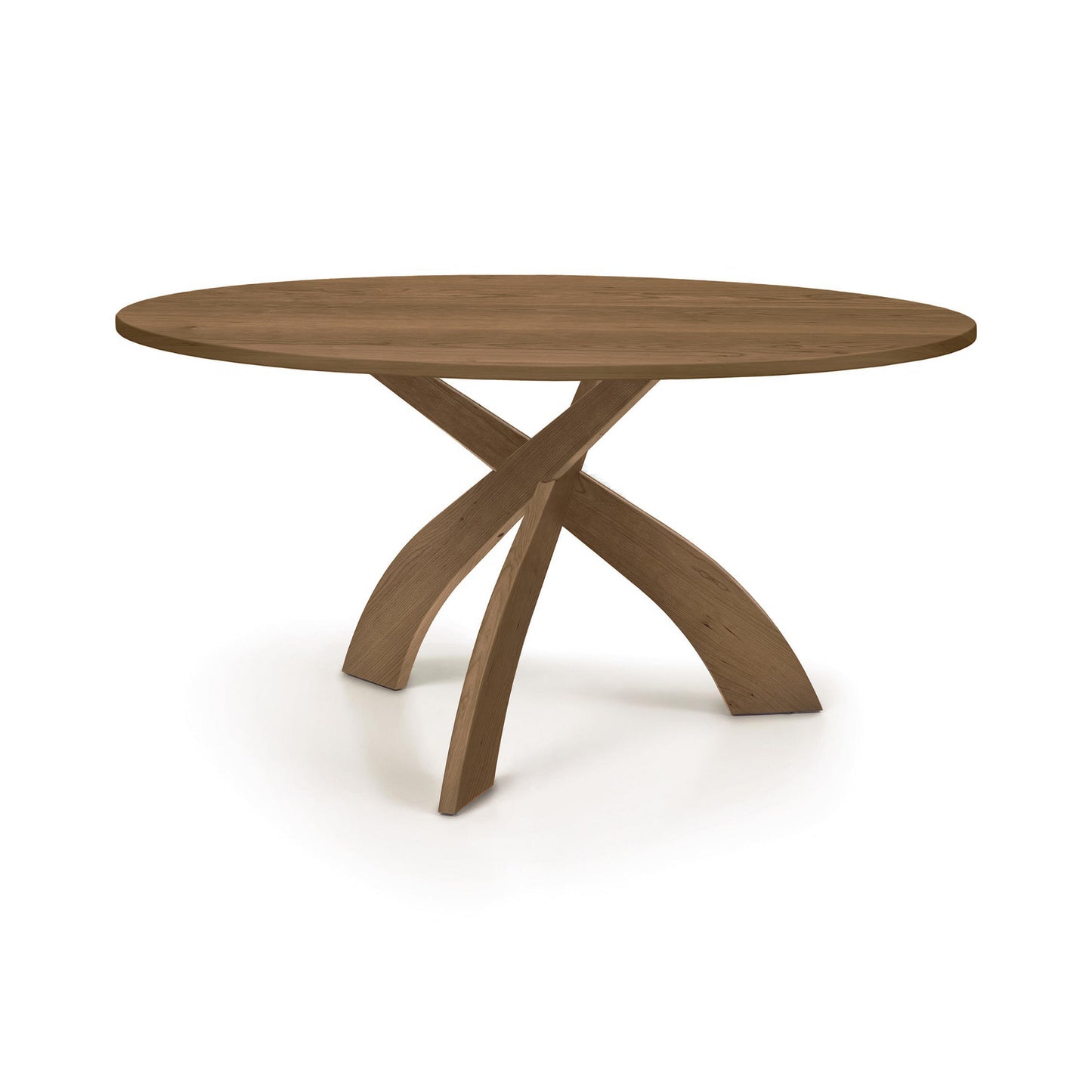 Entwine Round Solid Top Table by Copeland Furniture with smooth cherry wood top and three uniquely curved intersecting legs, handcrafted in Vermont.