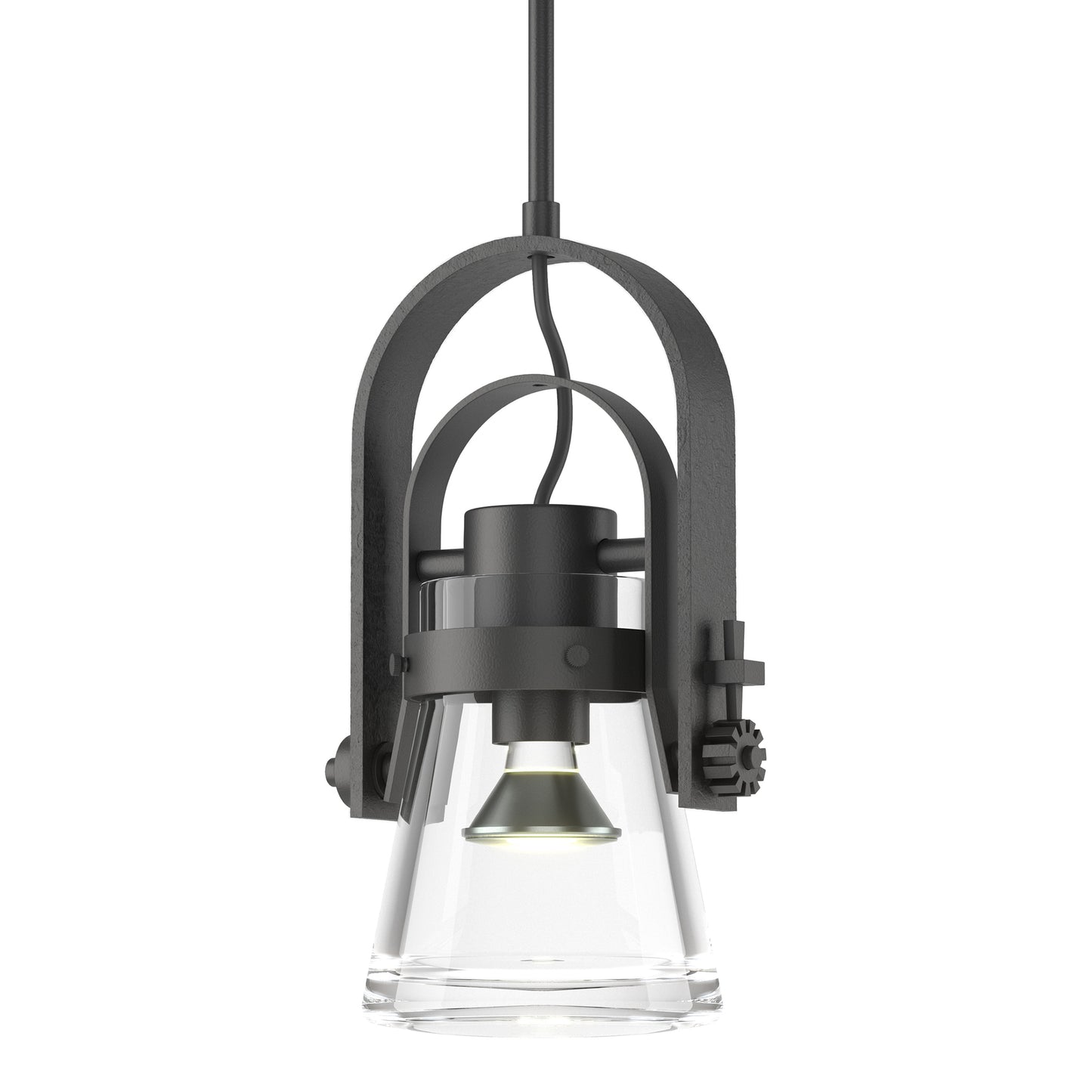 Erlenmeyer Large Mini Pendant featuring an industrial design with a clear glass shade and black metal frame by Hubbardton Forge.