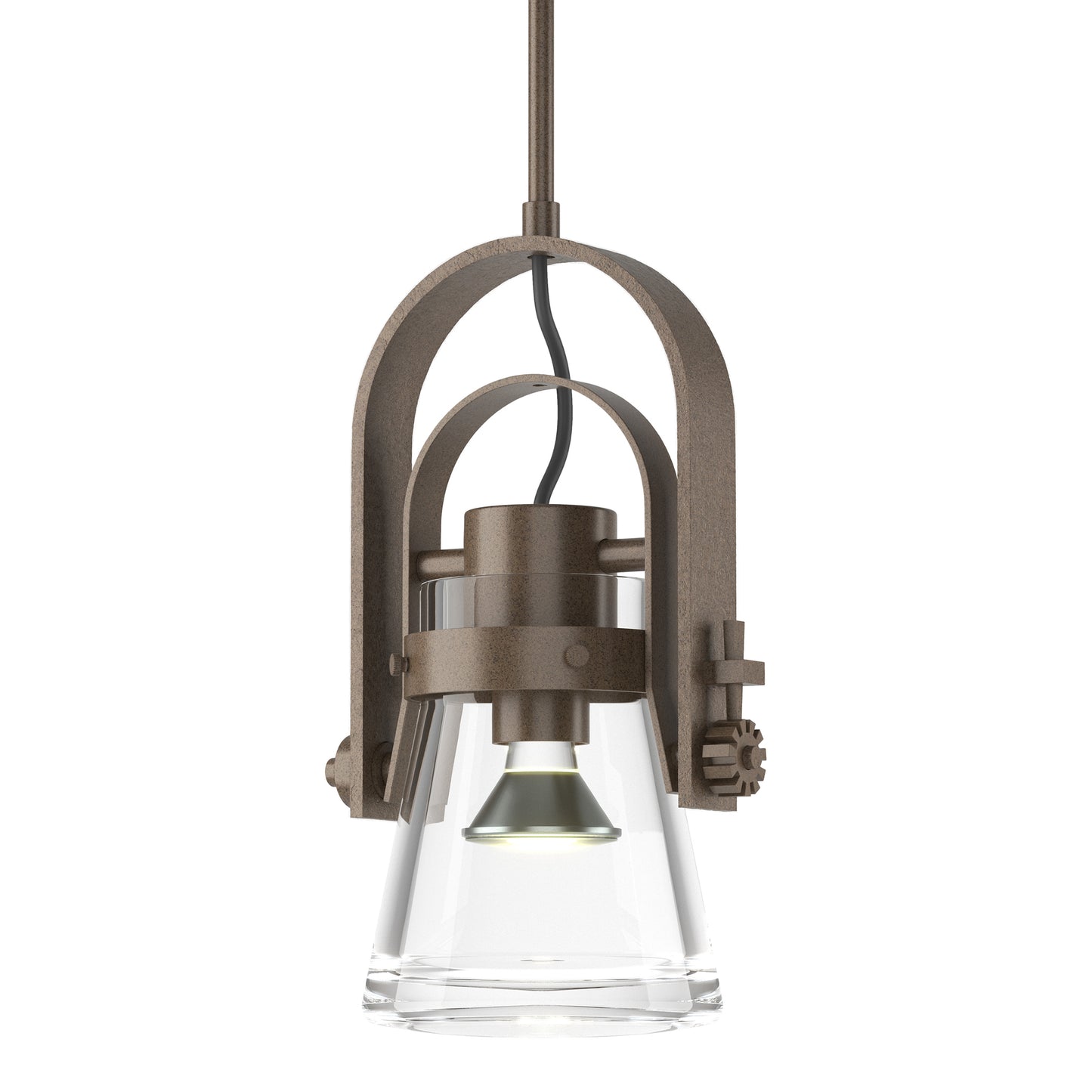 Erlenmeyer Large Mini Pendant by Hubbardton Forge with bronze and hand-forged steel elements, featuring a clear glass shade.