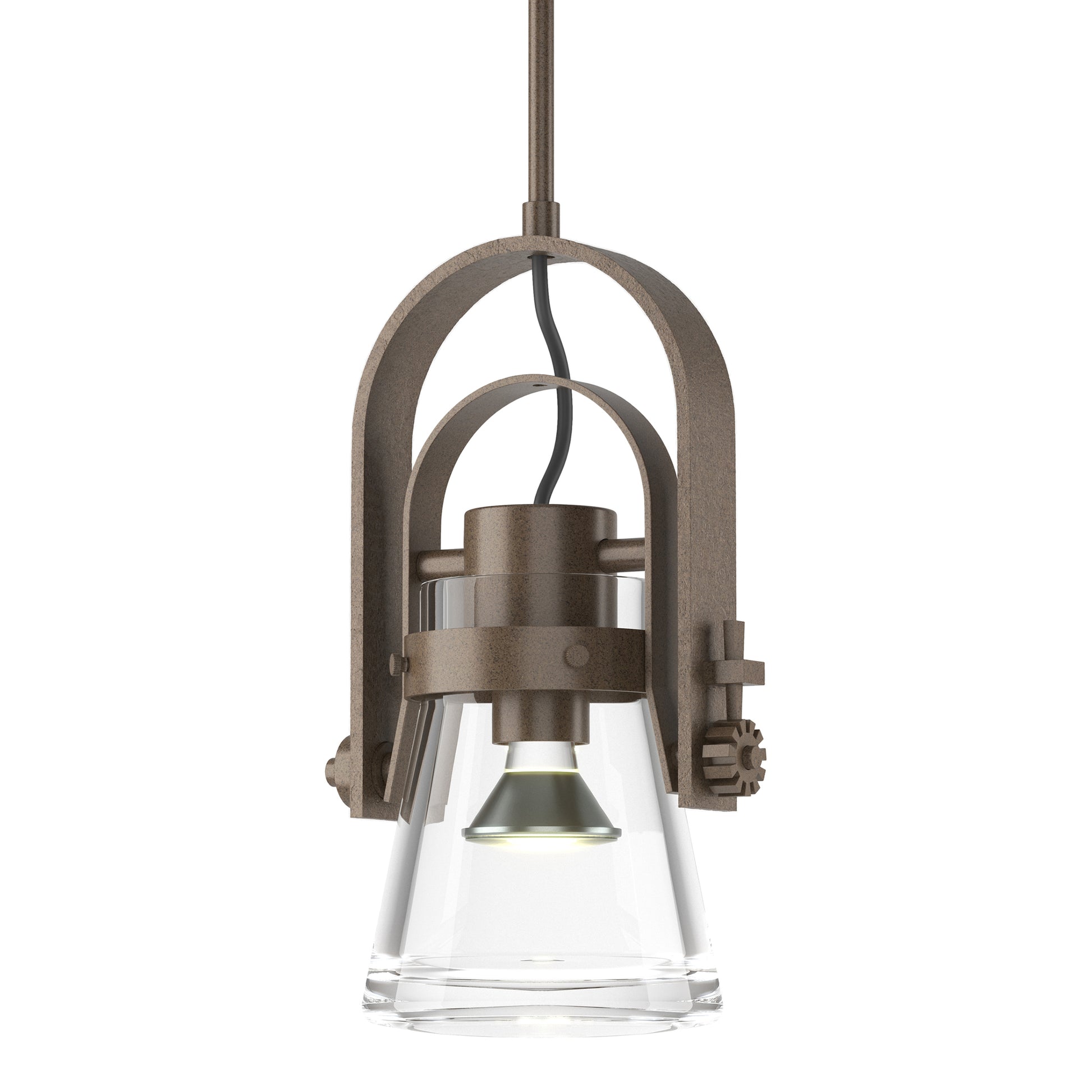 Erlenmeyer Large Mini Pendant by Hubbardton Forge with bronze and hand-forged steel elements, featuring a clear glass shade.