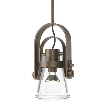Erlenmeyer Large Mini Pendant by Hubbardton Forge with bronze and hand-forged steel elements, featuring a clear glass shade.