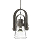 Hubbardton Forge Erlenmeyer Large Mini Pendant with hand-forged steel frame and glass shade, highlighting its artisan craftsmanship and modern design.
