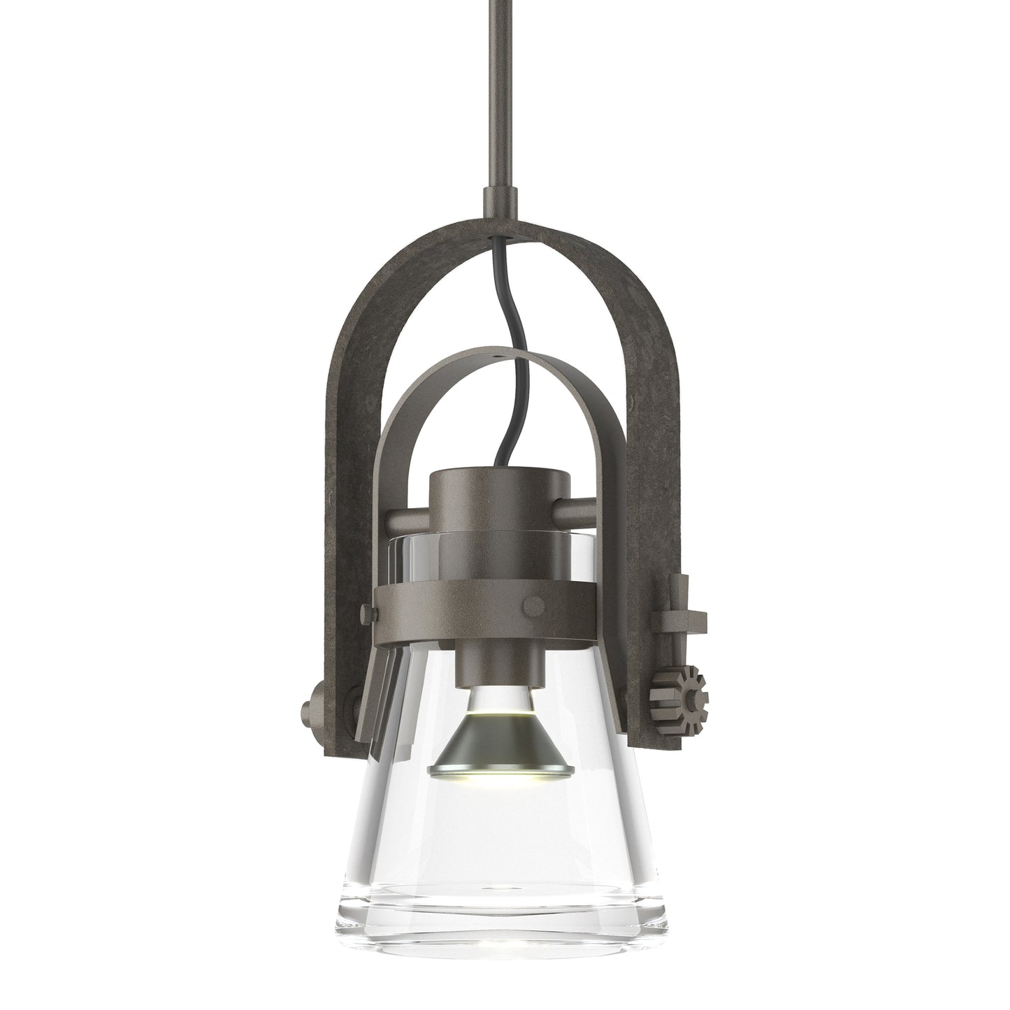 Hubbardton Forge Erlenmeyer Large Mini Pendant with hand-forged steel frame and glass shade, highlighting its artisan craftsmanship and modern design.