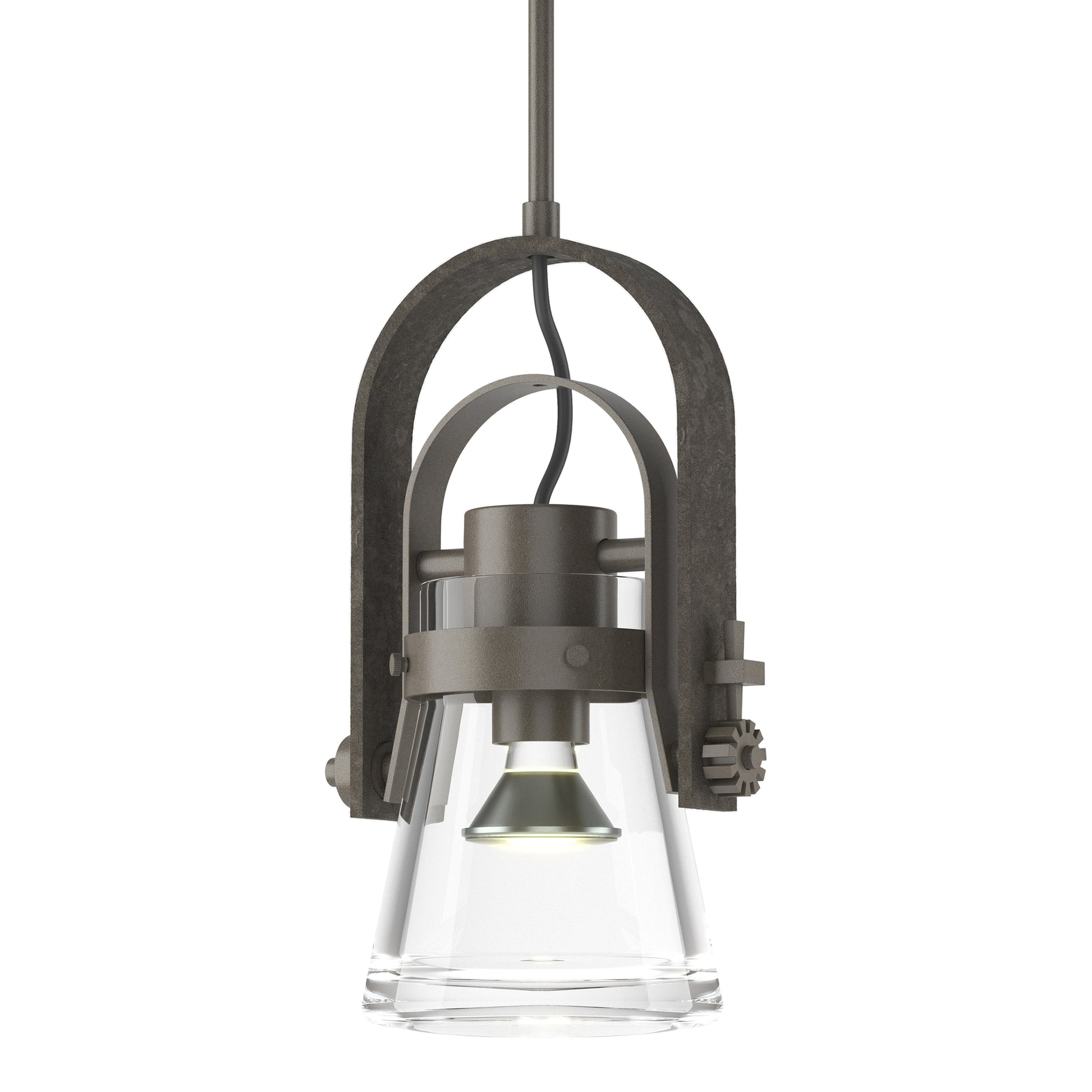 Hubbardton Forge Erlenmeyer Large Mini Pendant with hand-forged steel frame and glass shade, highlighting its artisan craftsmanship and modern design.