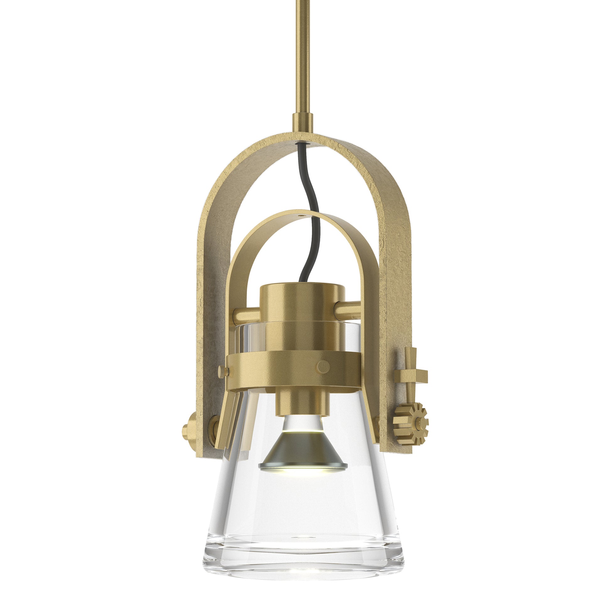 Erlenmeyer Large Mini Pendant by Hubbardton Forge with hand-forged steel, gold accents, glass shade, and exposed bulb in a modern industrial design.