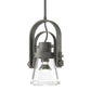 Erlenmeyer Large Mini Pendant by Hubbardton Forge with hand-forged steel frame, exposed hardware, and clear glass shade, showcasing expert craftsmanship.