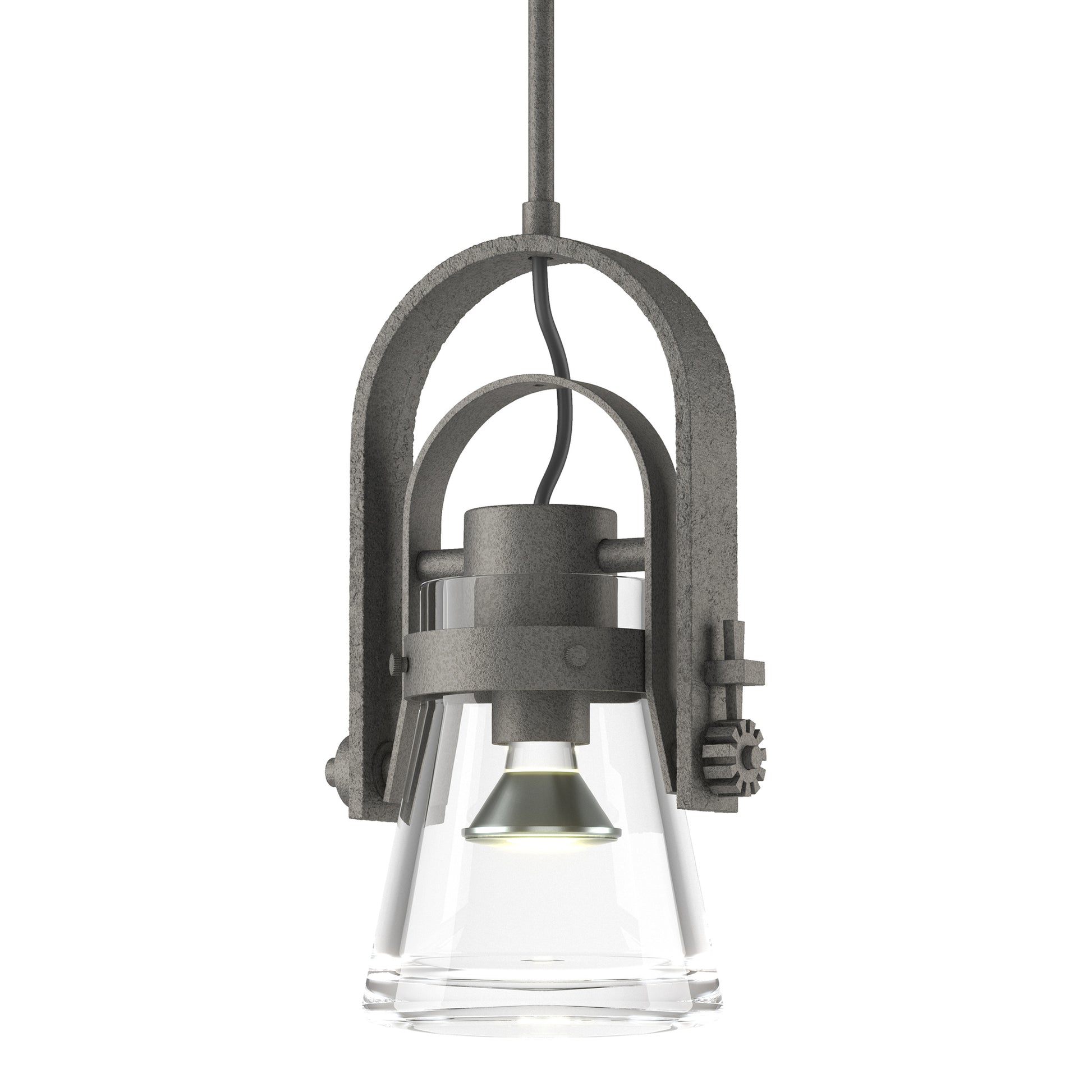Erlenmeyer Large Mini Pendant by Hubbardton Forge with hand-forged steel frame, exposed hardware, and clear glass shade, showcasing expert craftsmanship.