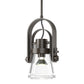 Erlenmeyer Large Mini Pendant by Hubbardton Forge with hand-forged steel frame and clear glass shade, showcasing industrial-style craftsmanship.