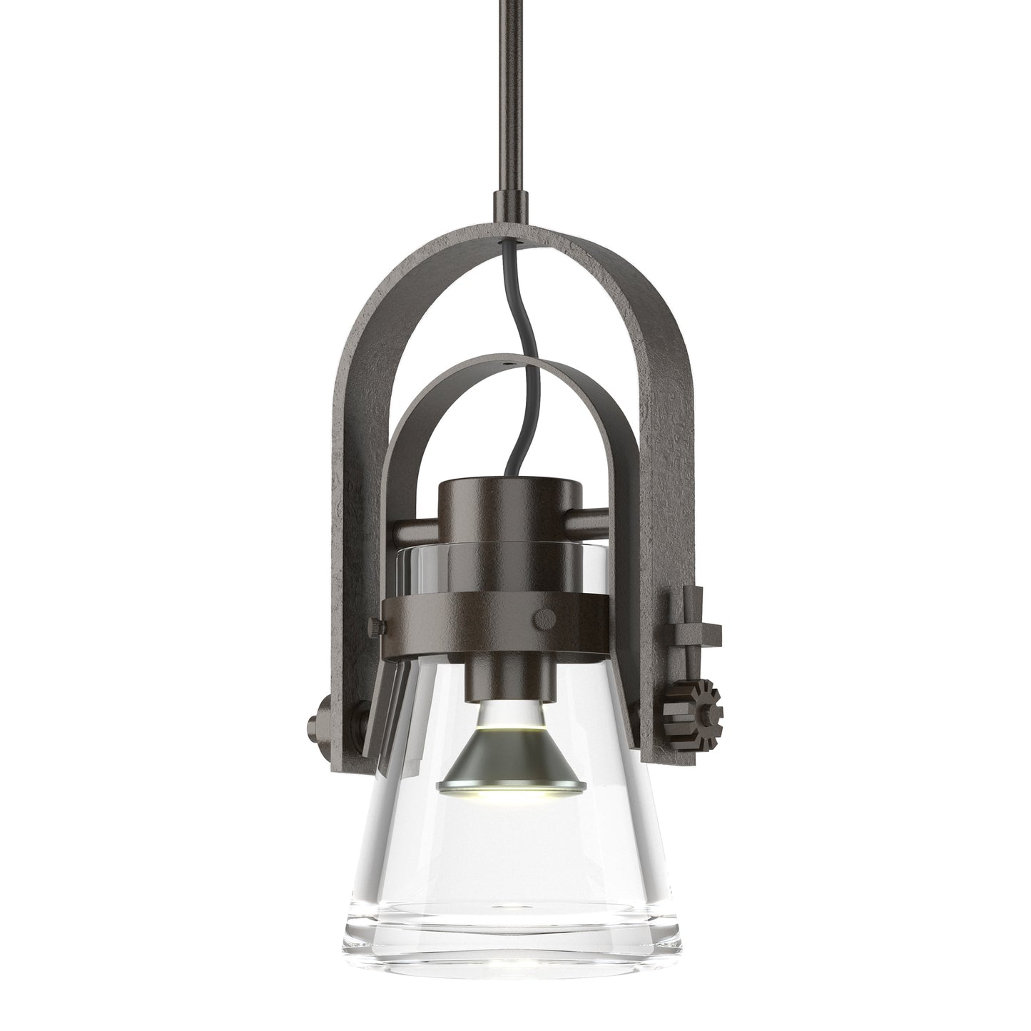 Erlenmeyer Large Mini Pendant by Hubbardton Forge with hand-forged steel frame and clear glass shade, showcasing industrial-style craftsmanship.
