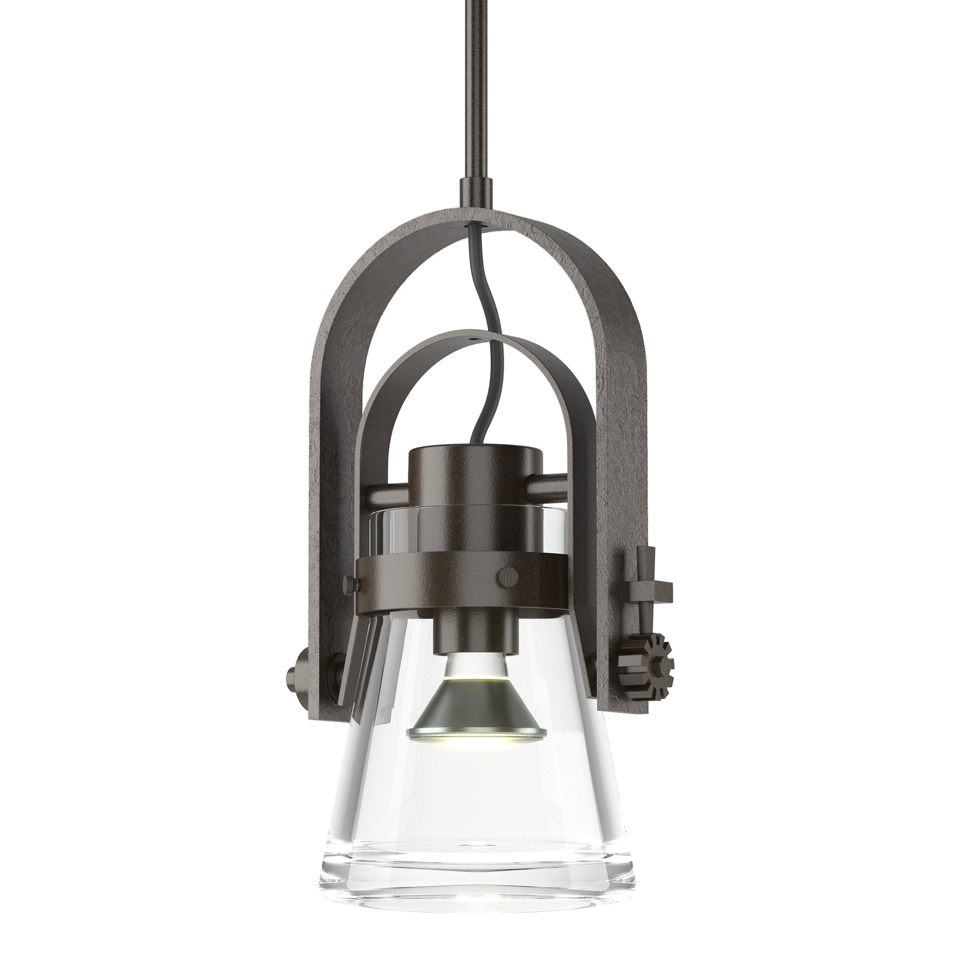 Erlenmeyer Large Mini Pendant by Hubbardton Forge with hand-forged steel frame and clear glass shade, showcasing industrial-style craftsmanship.