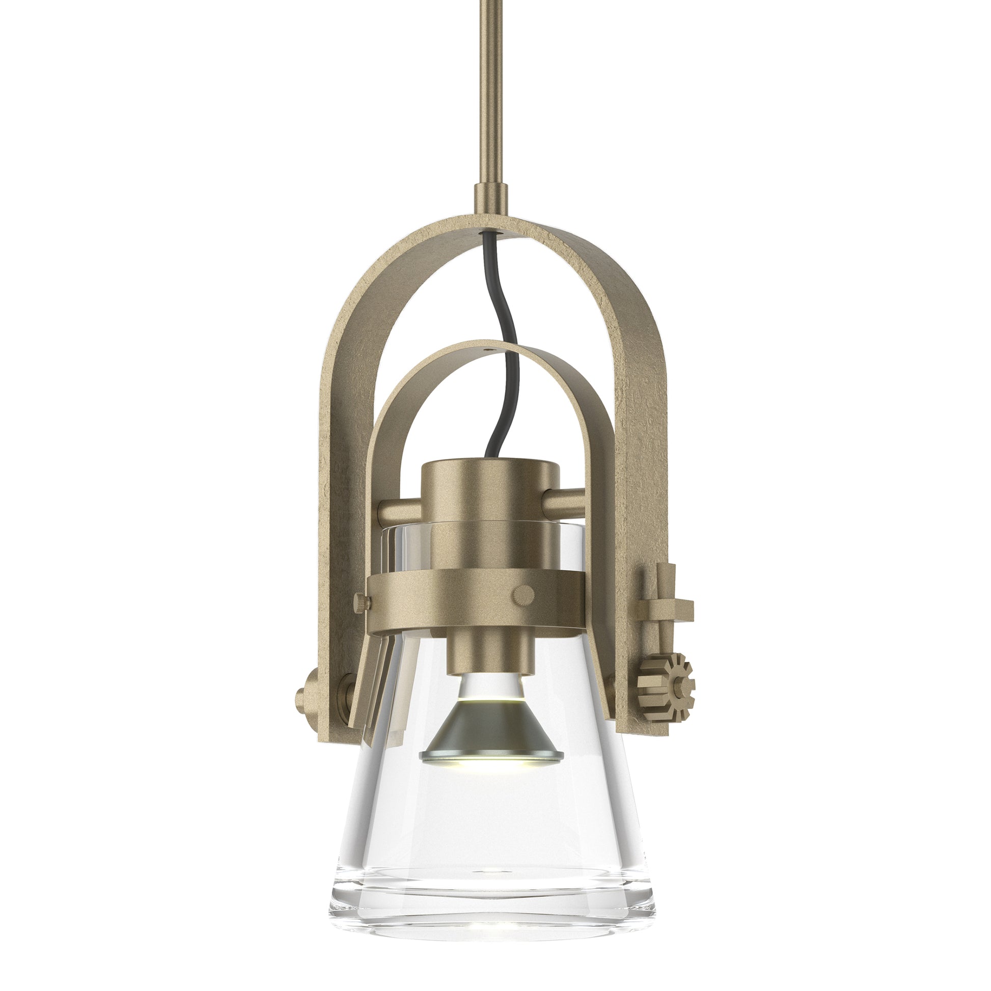 Erlenmeyer Large Mini Pendant featuring hand-forged steel, brass accents, and a clear glass shade in an industrial-inspired design by Hubbardton Forge.