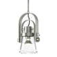 Hubbardton Forge Erlenmeyer Large Mini Pendant with hand-forged steel and clear glass shade in an industrial design.