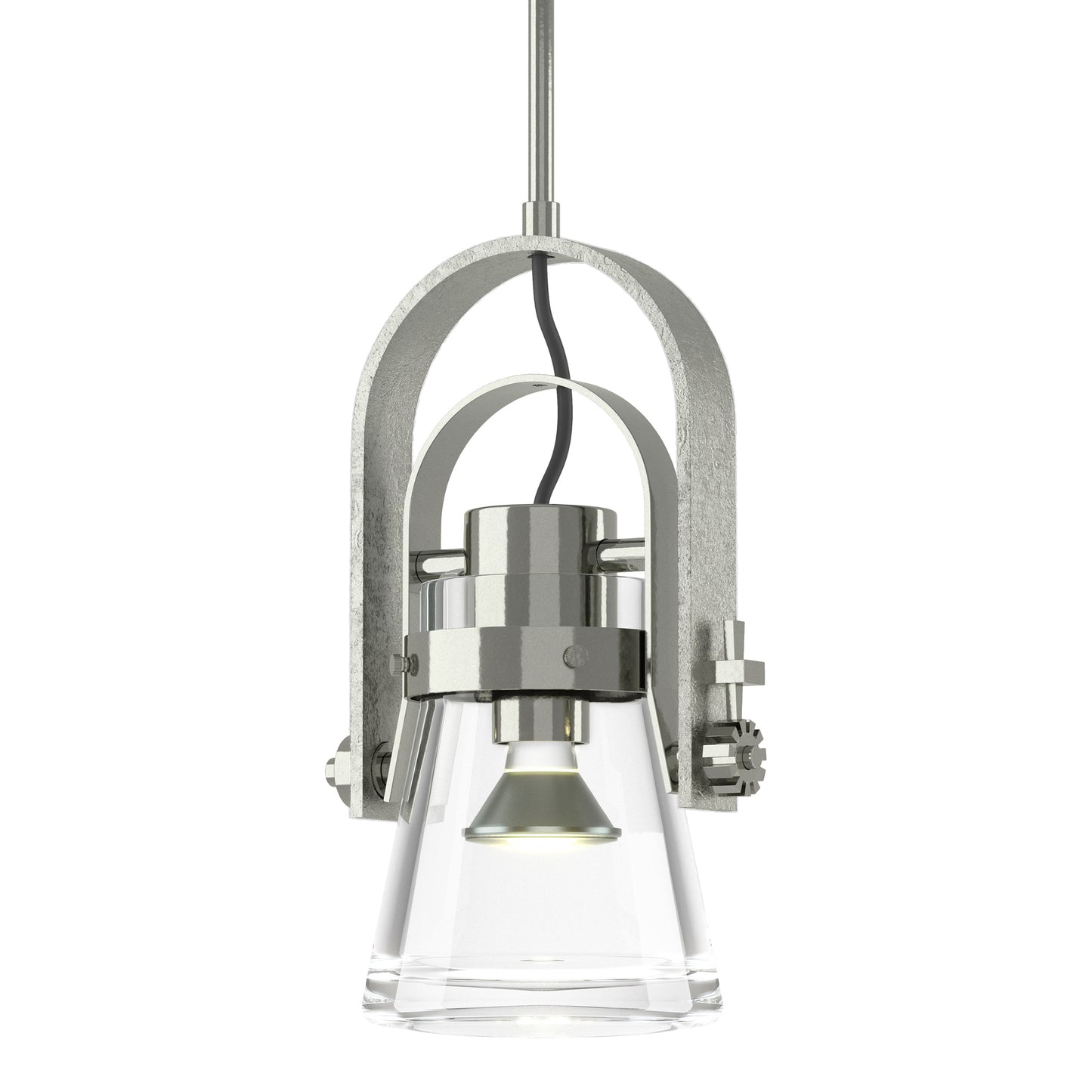 Hubbardton Forge Erlenmeyer Large Mini Pendant with hand-forged steel and clear glass shade in an industrial design.