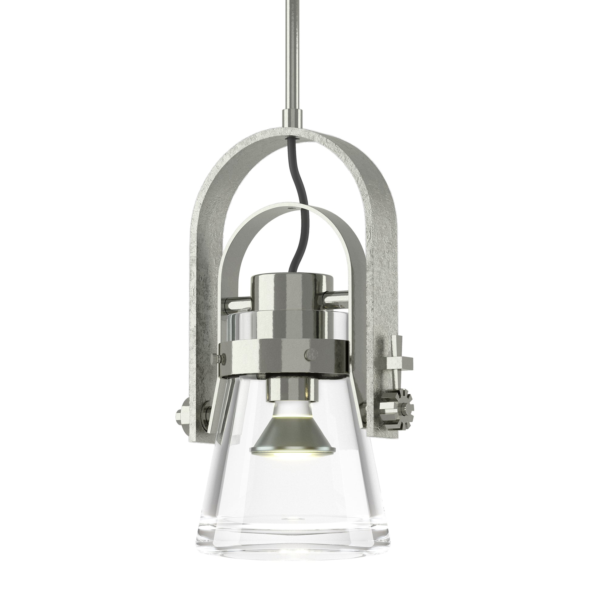 Hubbardton Forge Erlenmeyer Large Mini Pendant with hand-forged steel and clear glass shade in an industrial design.