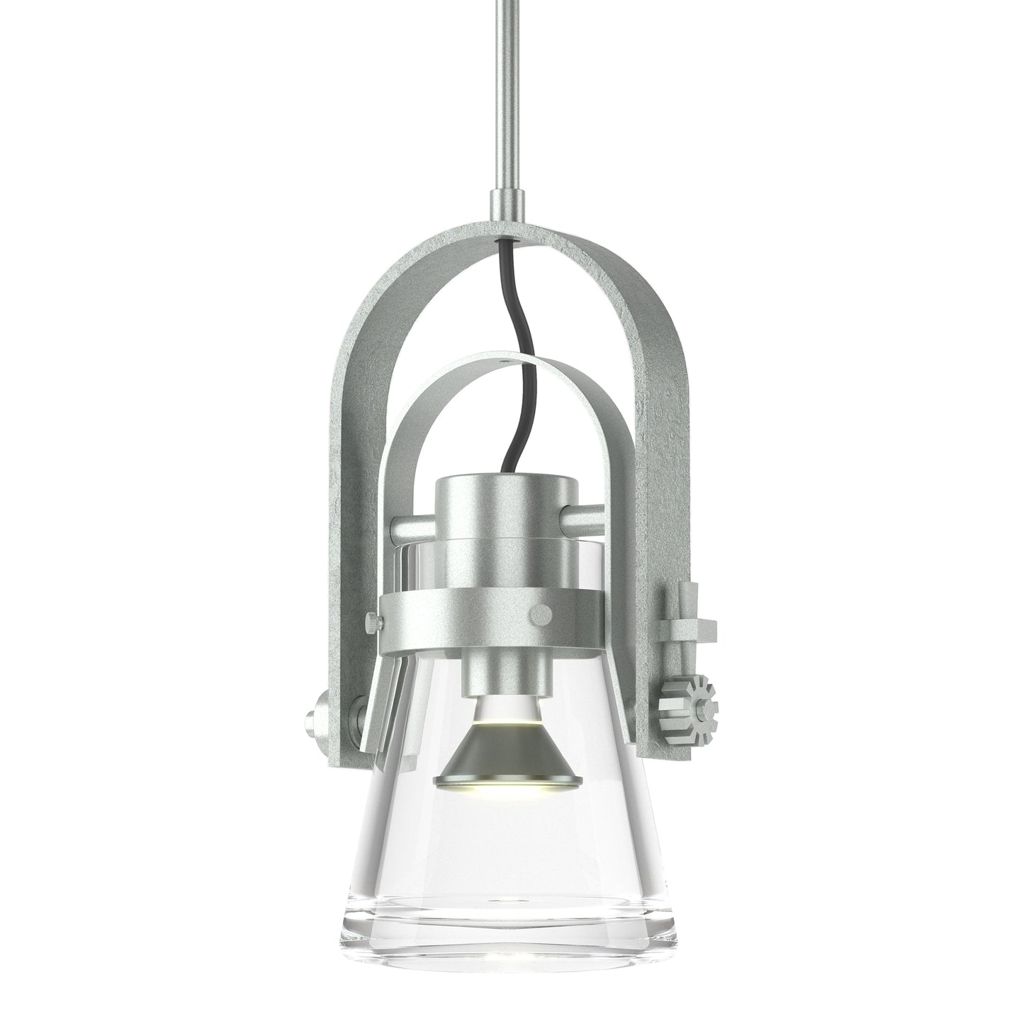 Erlenmeyer Large Mini Pendant by Hubbardton Forge features hand-forged steel and glass in an industrial design, highlighting the pendant’s craftsmanship.