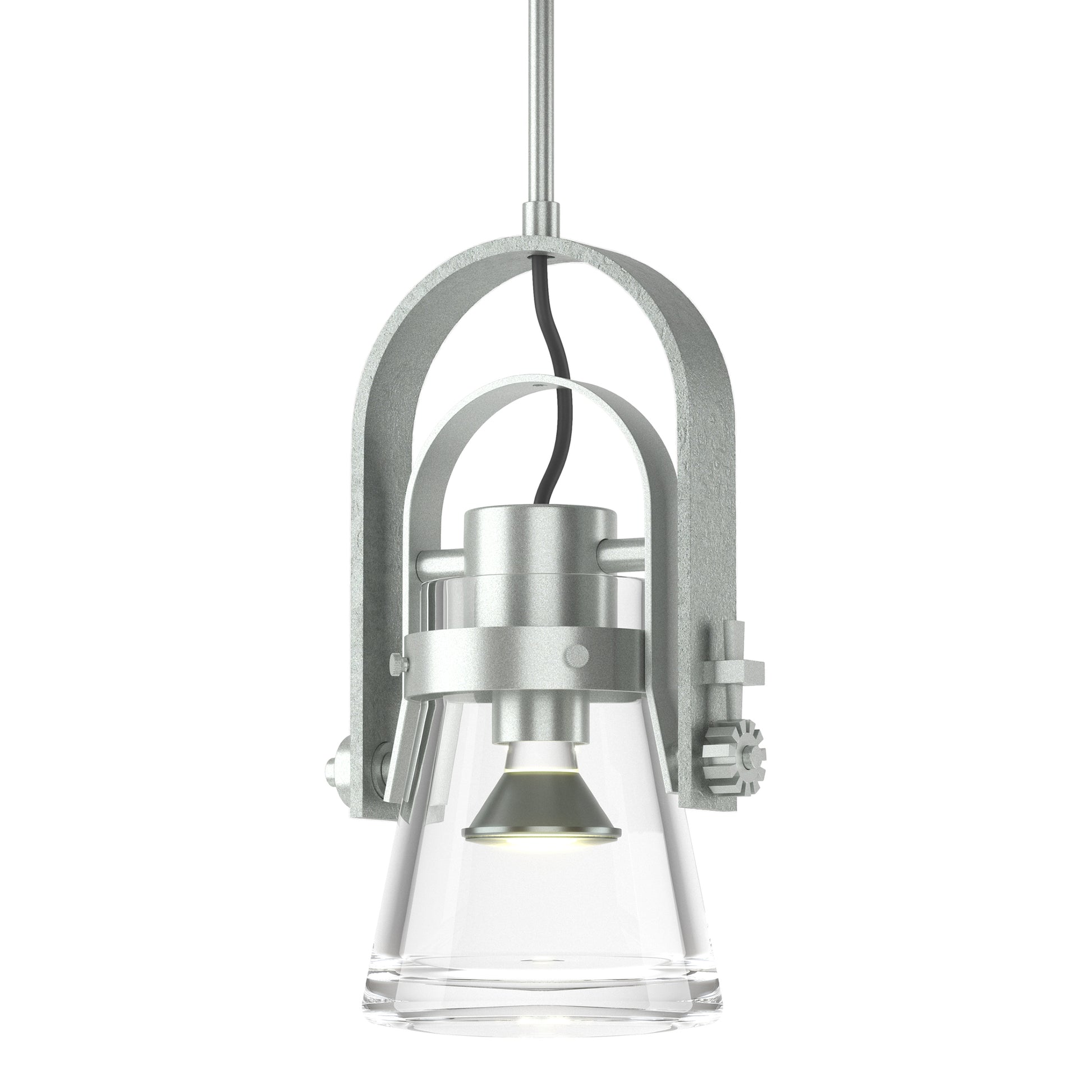 Erlenmeyer Large Mini Pendant by Hubbardton Forge features hand-forged steel and glass in an industrial design, highlighting the pendant’s craftsmanship.
