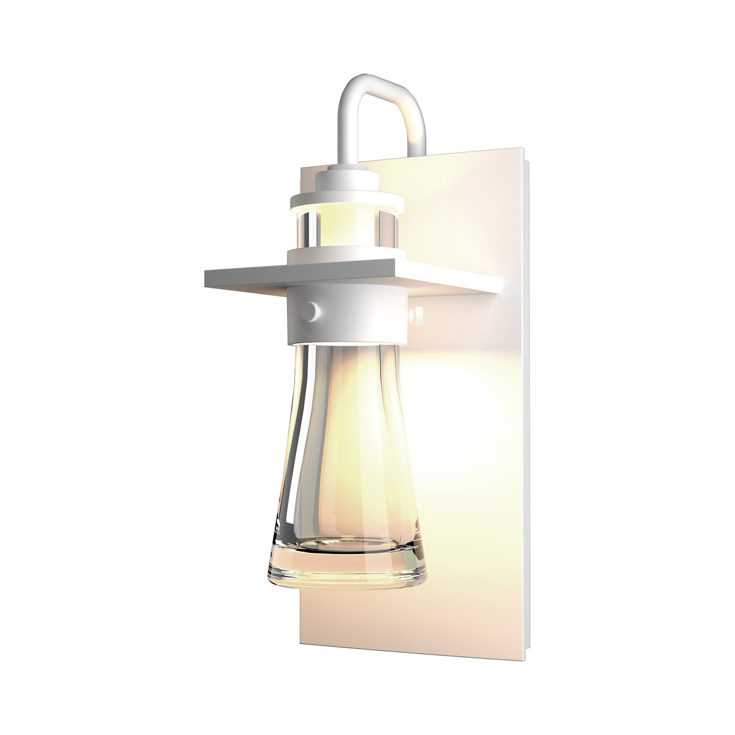 Erlenmeyer Medium Outdoor Sconce by Hubbardton Forge with a white base and clear glass shade, showcasing American-made craftsmanship.