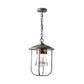 Close-up of the Erlenmeyer Outdoor Pendant by Hubbardton Forge, highlighting its industrial metal frame, glass shade, and exposed bulb.