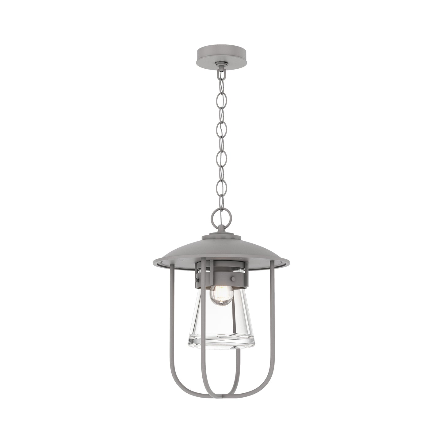 Close-up of the Hubbardton Forge Erlenmeyer Outdoor Pendant with a dome top and clear glass shade, showcasing handcrafted American quality.