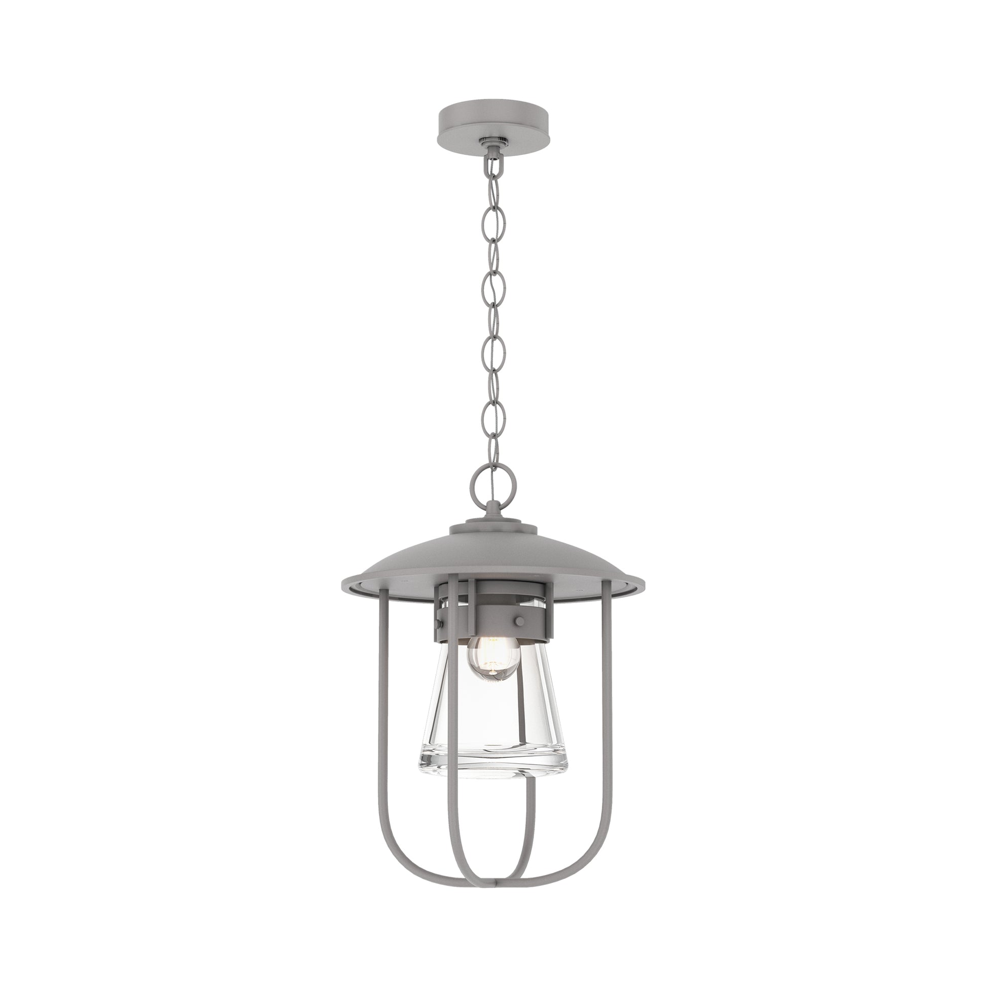 Close-up of the Hubbardton Forge Erlenmeyer Outdoor Pendant with a dome top and clear glass shade, showcasing handcrafted American quality.