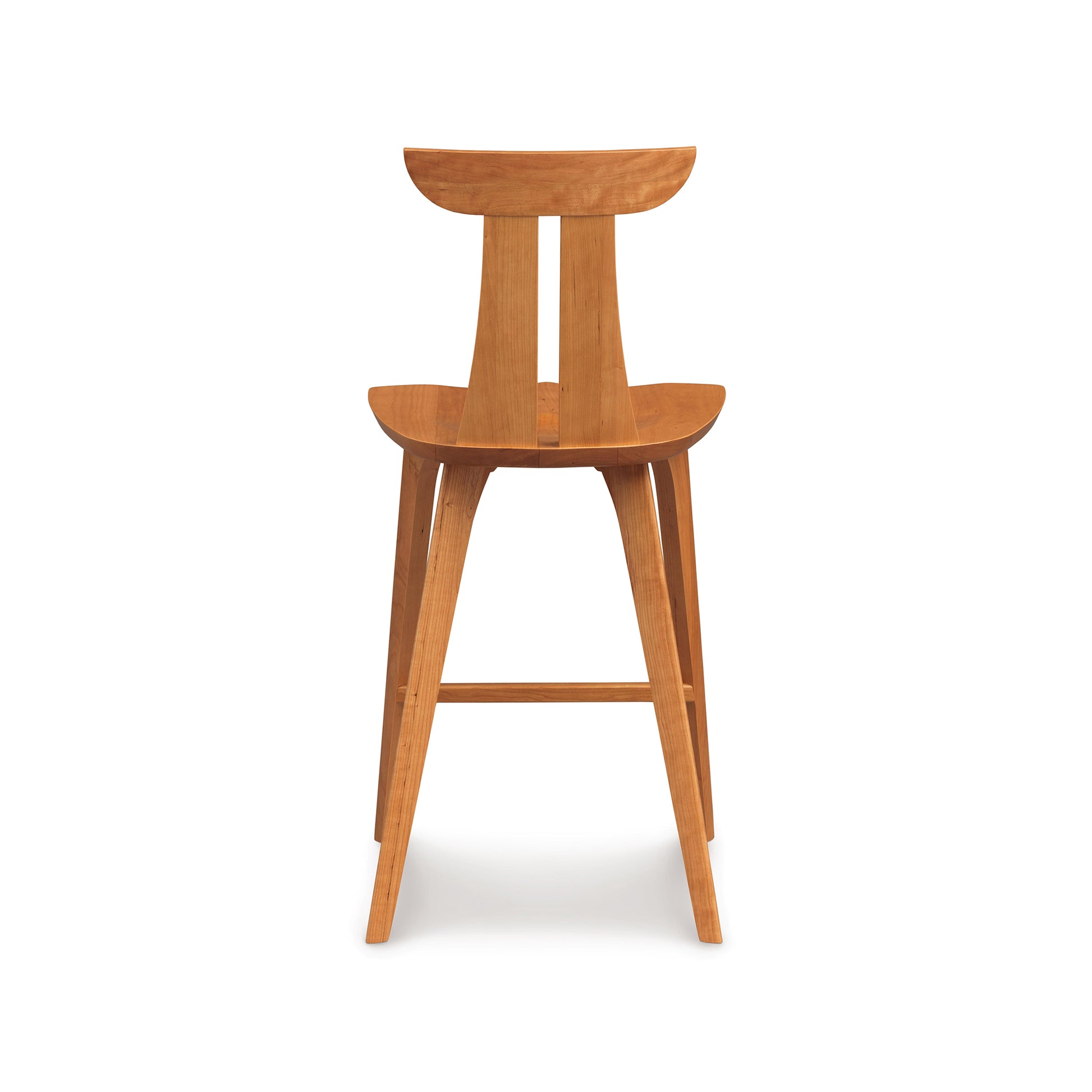 Estelle Counter Stool by Copeland Furniture, showcasing a sculpted wooden seat, curved backrest, and elegantly angled legs in a mid-century modern design.